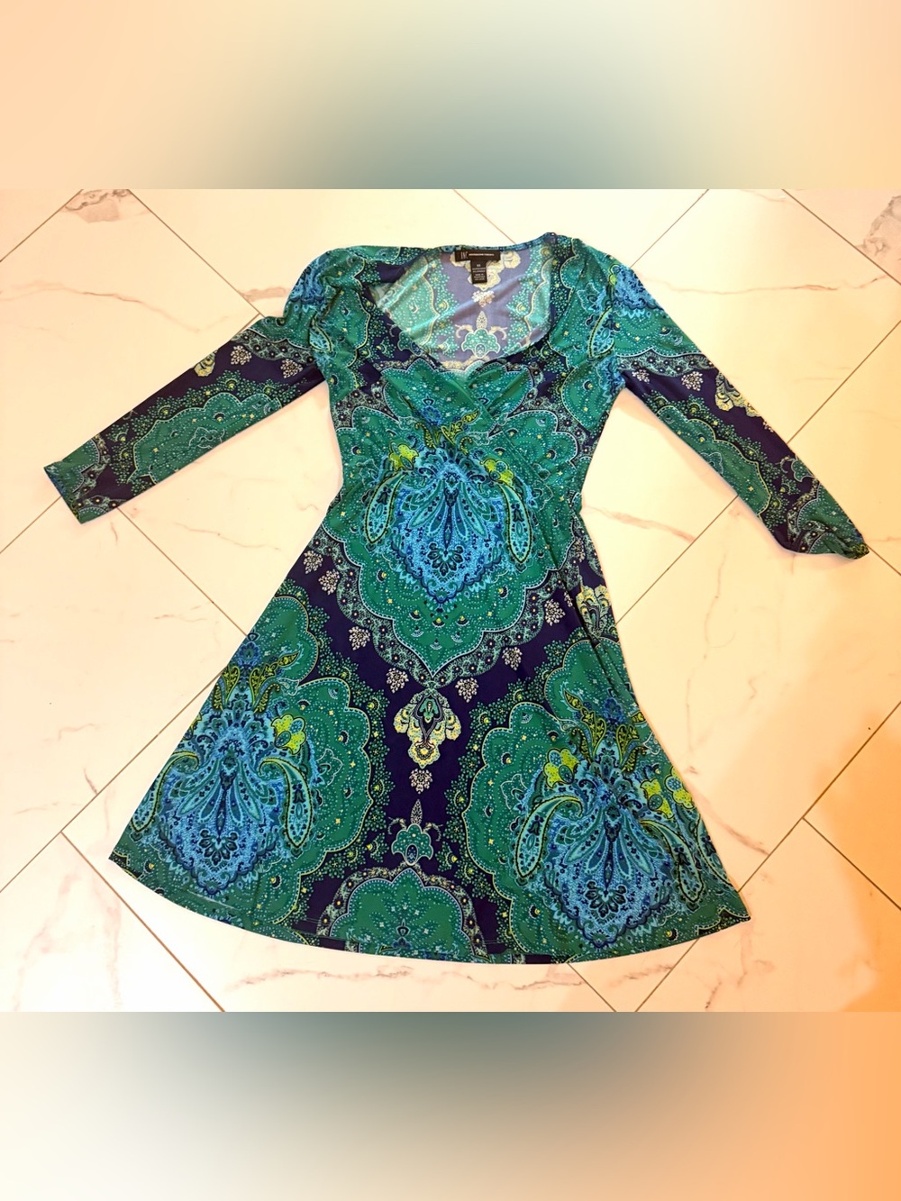 INC International Concepts Paisley Faux Wrap Dress XS Blue Green Boho Stretch